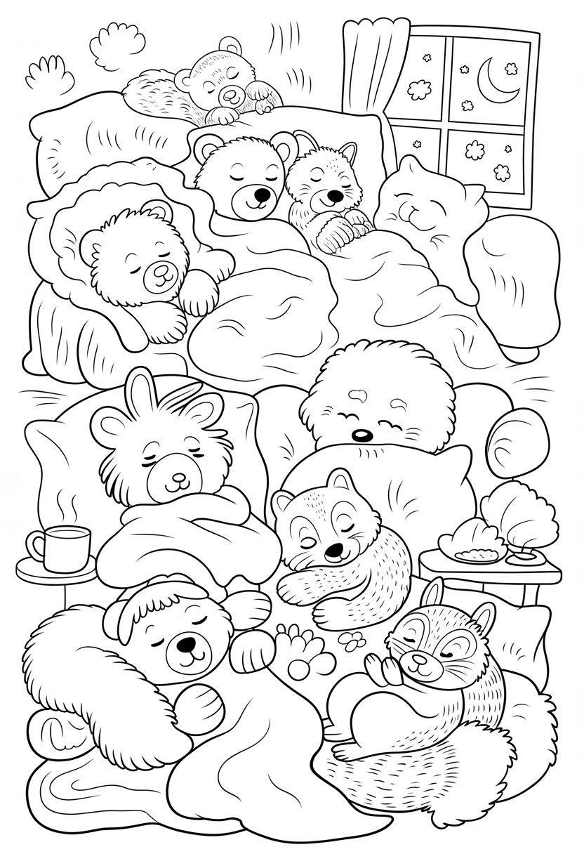 Cozy Friends Coloring Pages A Perfect List of 15 Relaxing Designs 13 A group of animal friends including a bear, rabbit, fox, and squirrel sleeping and relaxing together on cushions and blankets in a cozy indoor setting with a window showing a night sky.